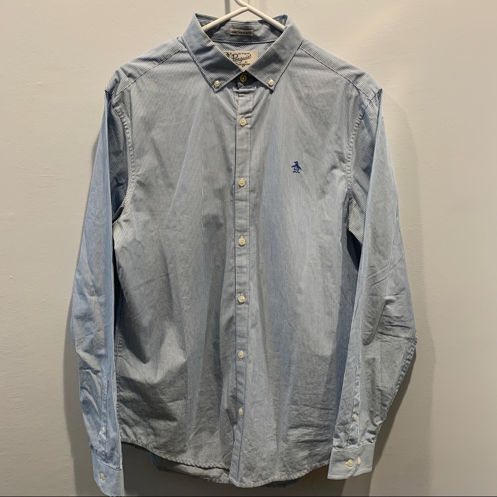Penguin Heritage Slim Fit Men's Button Up Shirt Striped Size Large 100% Cotton.